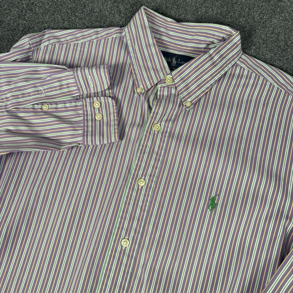 Polo Ralph Lauren Shirt Mens 16 1/2 34/35 Purple Green Pink Striped Button Down